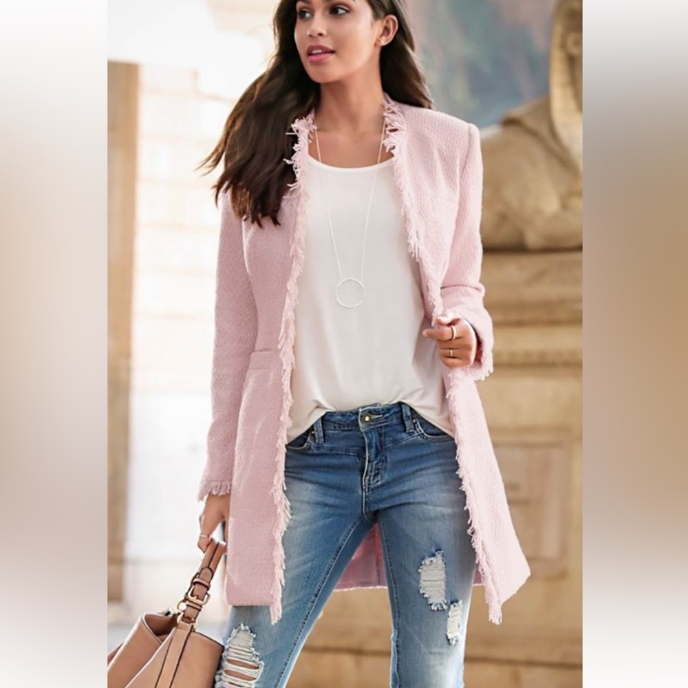 Venus Pink Tweed Fringed Coat